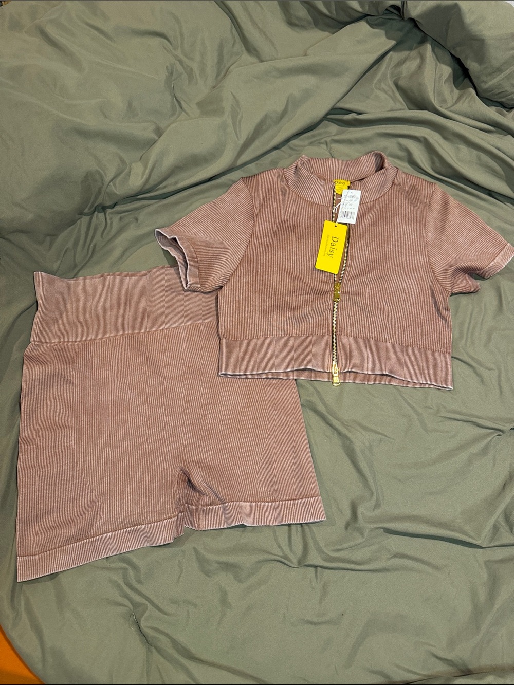 Daisy Ribbed Zip Crop Top & High-Waist Shorts Set in Dusty Mauve